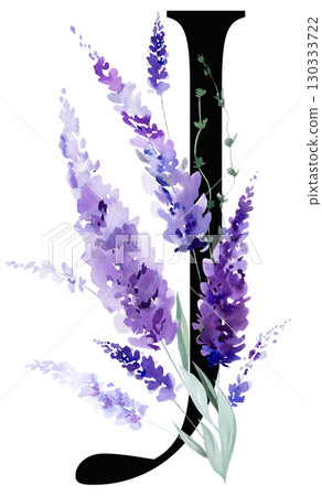 Black letter J with watercolor purple lavender flowers, summer floral wedding isolated monogram Black letter J with watercolor purple lavender flowers, summer floral wedding isolated monogram 130333722