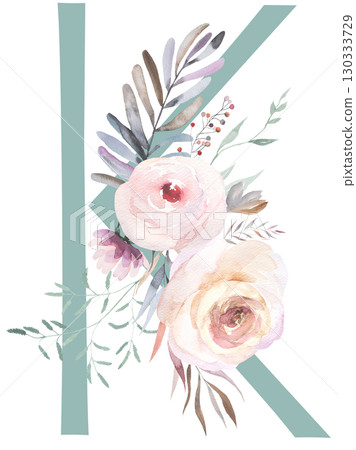 Letter K with Watercolor pastel tender flowers and leaves, isolated illustration, Baby shower element 130333729