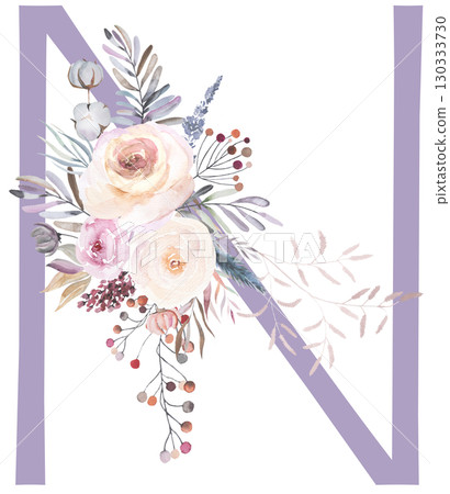 Letter N with Watercolor pastel tender flowers and leaves, isolated illustration, Baby shower element Letter N with Watercolor pastel tender flowers and leaves, isolated illustration, Baby shower element 130333730