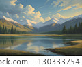 A relaxing lake and snowy mountains 130333754