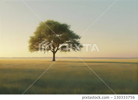 平靜的日落時分，樹木矗立在草地上 130333756
