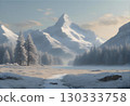 Gentle snowy fields and snowy mountains 130333758