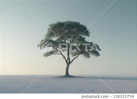 Trees standing in a calm snowy field 130333759