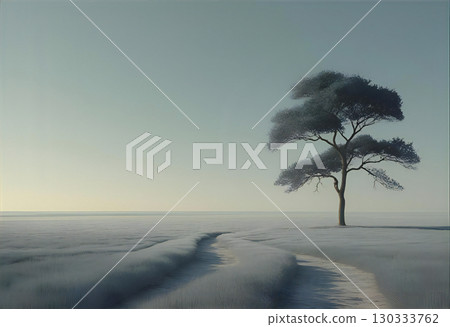 平靜的日落時分，樹木矗立在草地上 130333762