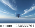 Trees and blue sky standing on a pristine snowy field 130333764