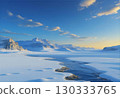 A river flowing through a crystal clear snowfield 130333765