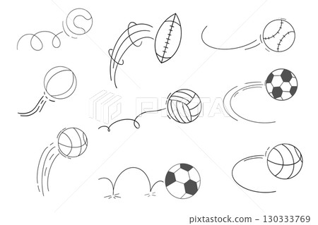 Bounced ball comic manga effect, doodle line hand drawn ball jump trajectory, ball motion expression. Sketch movement. 130333769