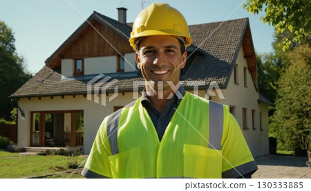 Man in yellow helmet standing in front of the house. He's wearing uniform and he's construction 130333885