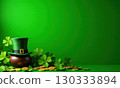 Green hat with gold buckle lies on table next to pile of gold coins on green background. St. Patrick 130333894