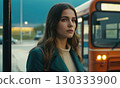 Young woman is standing at the city bus stop 130333900