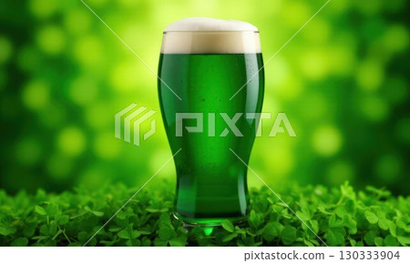 Glass of green foamy irish beer stands on green grassy clover background. St. Patrick Day 130333904