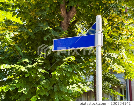 Blank blue street sign mounted on a metal pole against green trees in an outdoor setting. Navigation, orientation and urban infrastructure reflecting communication, order and city regulation. 130334141
