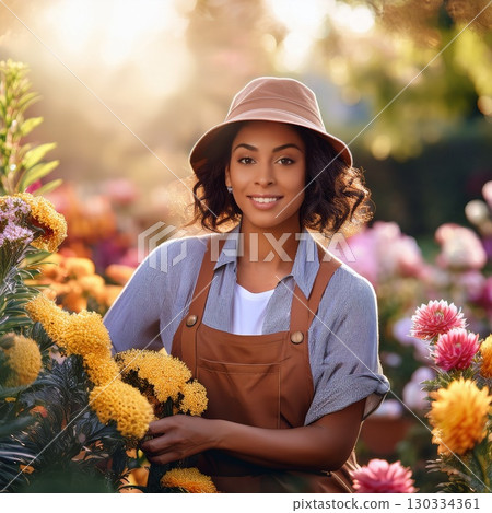 smiling florist woman florist holding bunch in hands 130334361