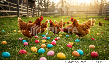 colorful chickens in the farm 130334413