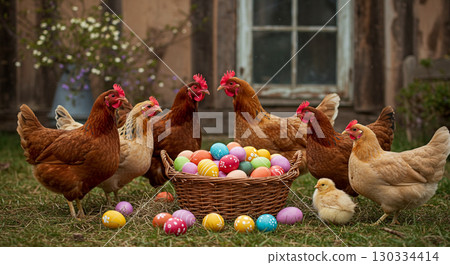 chickens and chickens on the grass 130334414
