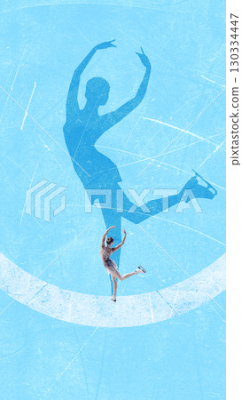 Collage of female figure skater performing elegant jump with shadow silhouette 130334447