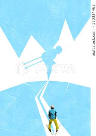 Bright poster. Skier on snowy slope with large shadow silhouette Bright poster. Skier on snowy slope with large shadow silhouette 130334468