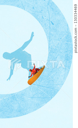 Trendy collage. Snowboarder in dynamic curve with shadow 130334469