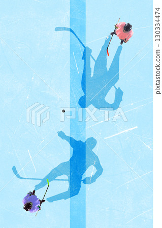Bold poster. Ice hockey players with shadows on frozen rink Bold poster. Ice hockey players with shadows on frozen rink 130334474