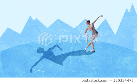Contemporary collage. Figure skater performing graceful move with elegant shadow on ice 130334475