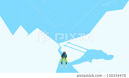Bright collage. Skier landing with strong shadow on bright snowy mountain background Bright collage. Skier landing with strong shadow on bright snowy mountain background 130334478