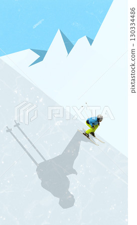 Creative collage template. Skier jumping from snowy slope with dynamic shadow in mountains Creative collage template. Skier jumping from snowy slope with dynamic shadow in mountains 130334486