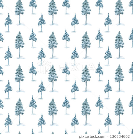 Winter Christmas trees seamless background isolated on white. Pines blue watercolor drawing. Evergreens trees in snowy hand drawn. Pine, spruce in winter forest endless pattern for seasonal textile. 130334602