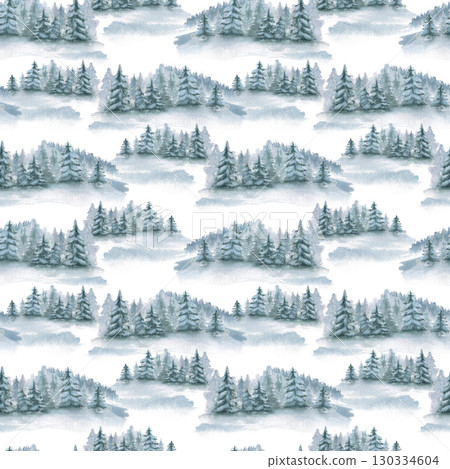 Snowy fir forest seamless pattern watercolor isolated on white. Blue conifers landscape hand painted sketch. Winter scene repeated background for packaging, festive decor, and seasonal product labels. 130334604