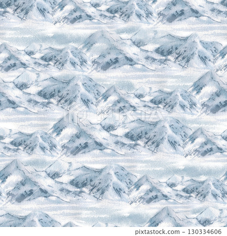 Endless winter rocky landscape pattern. Mountains in soft greys watercolor seamless background hand painted isolated. Winter backdrop for Christmas packaging and ski textile. Repeated mountain scene. 130334606