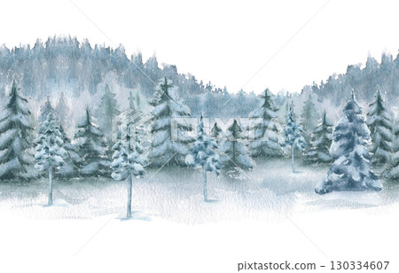 Winter woodland and muted spruce hills watercolor seamless border isolated. Snow laden pines, misty peaks on repeating background hand painted for Christmas designs, gift wrap and branding. 130334607