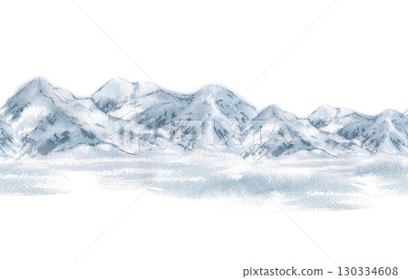 Seamless winter mountain border of delicate snowy peaks and frosty ridges in muted blues watercolor isolated. Minimalist rocky landscape repeat texture hand drawn for designs Christmas packaging. Seamless winter mountain border of delicate snowy peaks and frosty ridges in muted blues watercolor isolated. Minimalist rocky landscape repeat texture hand drawn for designs Christmas packaging. 130334608
