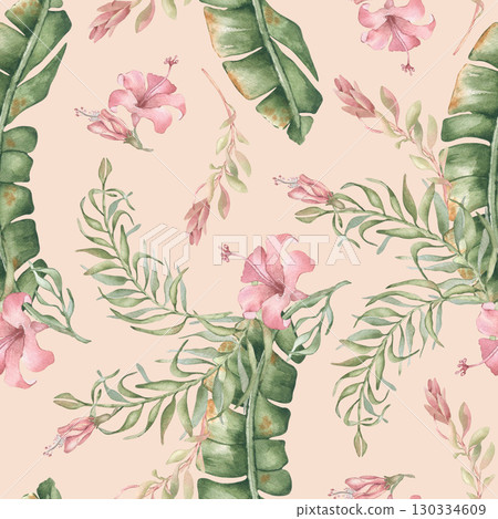 Neutral Tropical Seamless Print with pale pink flowers. Watercolor hibiscus and palm fronds in creamy beige and blush. Botanical repeat for spa packaging, coastal home textiles. Floral jungle pattern. 130334609