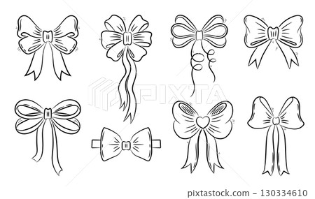 Tie bow doodle sketch set. Hand drawn sketch bow and ribbon on white background. Tie bow doodle sketch set. Hand drawn sketch bow and ribbon on white background. 130334610