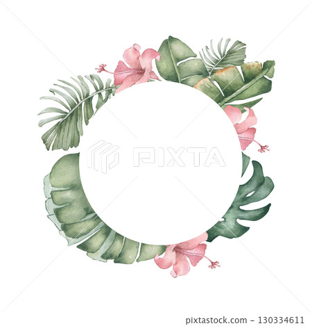 Botanical watercolor wreath of tropical flowers and plants in neutral colors isolated on white. Palm leaves and pink flower hibiscus hand drawn. Tropical foliage for wedding beach Hawaiian design. Botanical watercolor wreath of tropical flowers and plants in neutral colors isolated on white. Palm leaves and pink flower hibiscus hand drawn. Tropical foliage for wedding beach Hawaiian design. 130334611