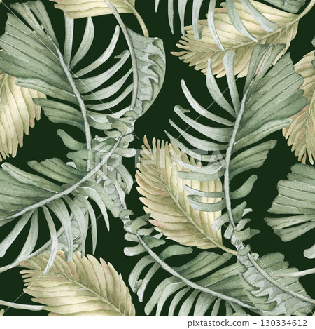 Palm fronds watercolor repeated pattern isolated on dark. Hand drawn coconut and date palm leaves in pastel greens. Seamless tropical foliage background for wallpaper, textile, packaging. Palm fronds watercolor repeated pattern isolated on dark. Hand drawn coconut and date palm leaves in pastel greens. Seamless tropical foliage background for wallpaper, textile, packaging. 130334612