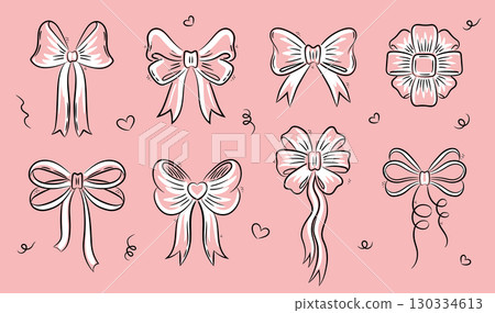Tie bow doodle sketch set. Hand drawn sketch bow and ribbon on pink background. Tie bow doodle sketch set. Hand drawn sketch bow and ribbon on pink background. 130334613