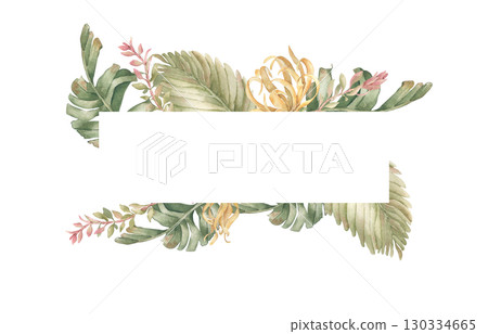 Tropical palm leaves watercolor frame isolated on white. Border of hibiscus and jungle foliage in soft tones hand painted. Summer botanical frame for monograms, spa labels, packaging, beach design. Tropical palm leaves watercolor frame isolated on white. Border of hibiscus and jungle foliage in soft tones hand painted. Summer botanical frame for monograms, spa labels, packaging, beach design. 130334665