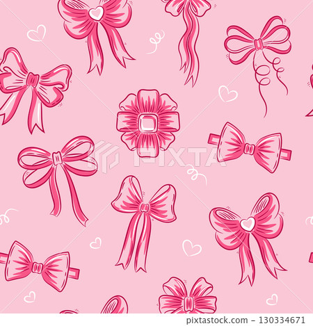 Tie bow pink color doodle sketch background. Hand drawn sketch bow and ribbon on pink background. Seamless pattern for party, birthday, Valentine's day. 130334671