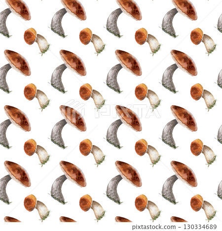 Forest mushrooms with rich brown caps watercolor hand painted seamless pattern. Repeat woodland plants background with boletus, porcini, and aspen cep. Fall holiday stationery, packaging, textile. Forest mushrooms with rich brown caps watercolor hand painted seamless pattern. Repeat woodland plants background with boletus, porcini, and aspen cep. Fall holiday stationery, packaging, textile. 130334689