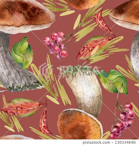 Watercolor seamless pattern of mushrooms, viburnum berries, autumn foliage isolated. Forest plants endless background for fabric prints, wall decor, stationery. Fall woodland botanical design drawing. Watercolor seamless pattern of mushrooms, viburnum berries, autumn foliage isolated. Forest plants endless background for fabric prints, wall decor, stationery. Fall woodland botanical design drawing. 130334690