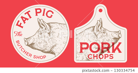 Pork, pig, hog, head, meat tag label. Template Meat Tag Label. Vintage print, tag, label pig sketch ink pencil style drawing. Butchery pork pig head meat shop, text, typography. Vector Illustration Pork, pig, hog, head, meat tag label. Template Meat Tag Label. Vintage print, tag, label pig sketch ink pencil style drawing. Butchery pork pig head meat shop, text, typography. Vector Illustration 130334754