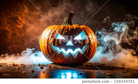 Cyberpunk Neon Pumpkin with Glowing Blue Smoke. Hallowen Concept. Generated Image 130334781