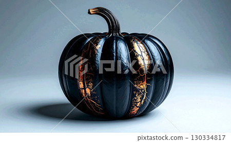 Minimalist Matte Black Pumpkin with Copper Cracks. Hallowen Concept. Generated Image 130334817