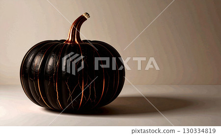 Minimalist Matte Black Pumpkin with Copper Cracks. Hallowen Concept. Generated Image 130334819