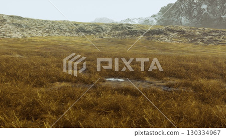 A picturesque view of a peaceful grassy field, featuring a stunning mountain backdrop in Peru. A picturesque view of a peaceful grassy field, featuring a stunning mountain backdrop in Peru. 130334967