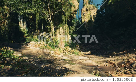 A dirt road running through a rocky forest, devoid of people and animals, creating a secluded and natural pathway. A dirt road running through a rocky forest, devoid of people and animals, creating a secluded and natural pathway. 130335008