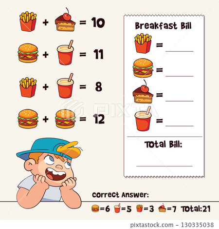 Math riddle for kids. Solve food equations and fill in the bill total 130335038
