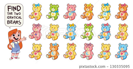 Visual puzzle for kids. Find the two identical teddy bears 130335095