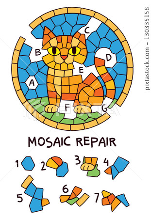 Kids visual puzzle. Repair the cat mosaic by matching missing fragments Kids visual puzzle. Repair the cat mosaic by matching missing fragments 130335158