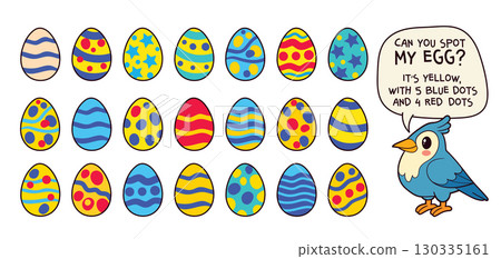 Colorful visual puzzle for kids. Use the clue to spot the correct egg Colorful visual puzzle for kids. Use the clue to spot the correct egg 130335161